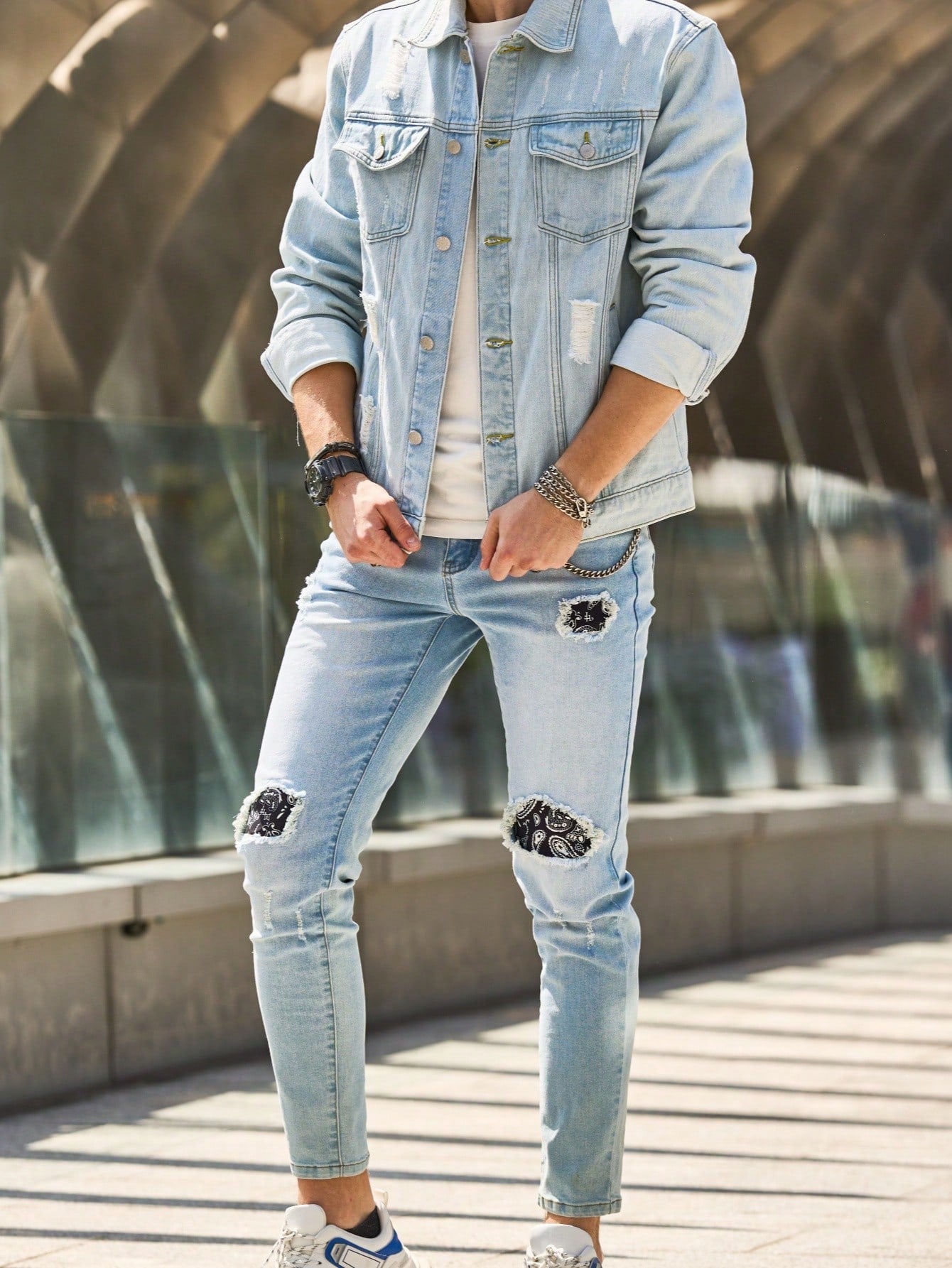 Men's Distressed Washed Light Blue Denim Jacket, Fashionable Casual Denim Jacket