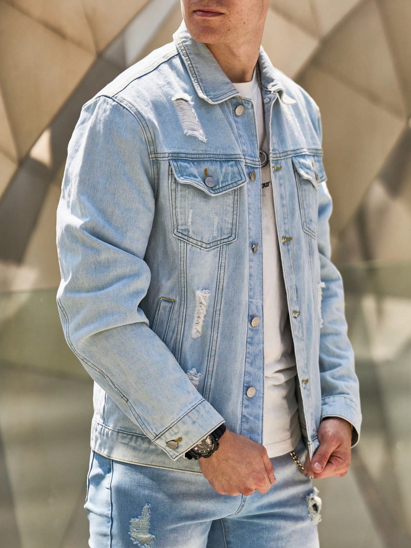 Men's Distressed Washed Light Blue Denim Jacket, Fashionable Casual Denim Jacket