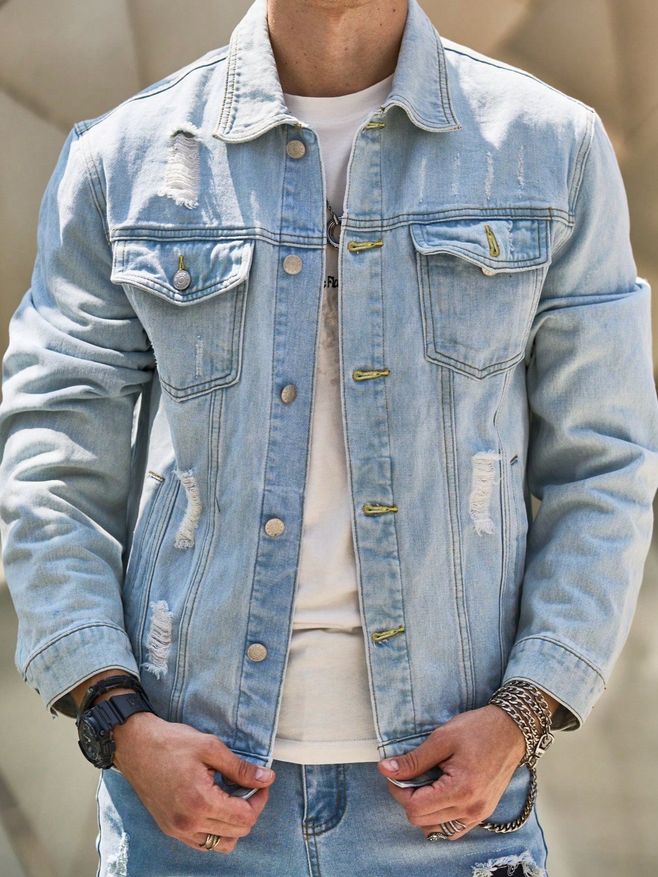 Men's Distressed Washed Light Blue Denim Jacket, Fashionable Casual Denim Jacket