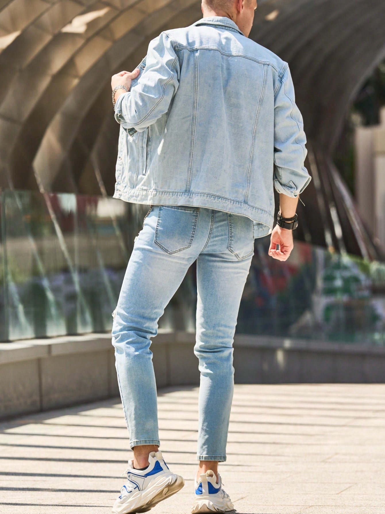 Men's Distressed Washed Light Blue Denim Jacket, Fashionable Casual Denim Jacket