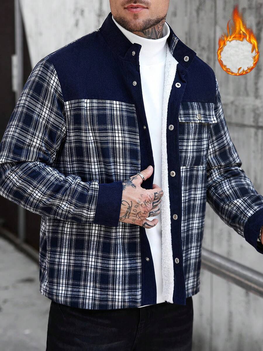 Manfinity Homme Men's Ultra-Oversized Flap Pocket Teddy Fleece-Lined Zipper Front Jacket