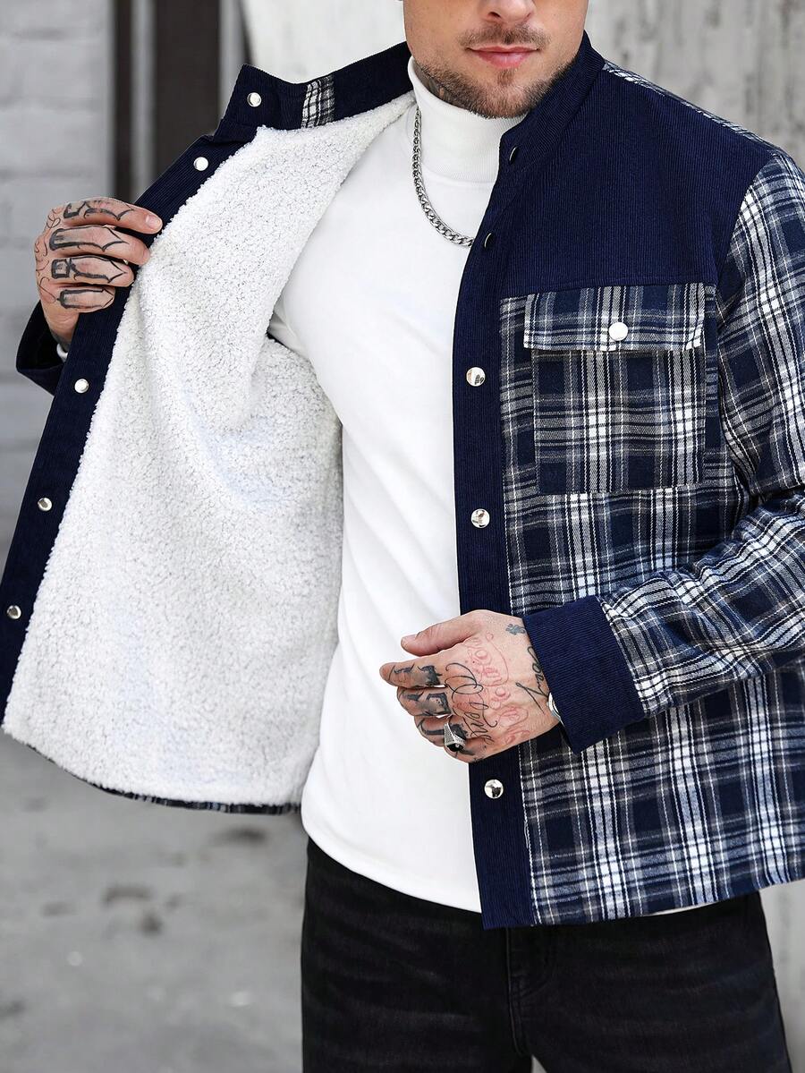 Manfinity Homme Men's Ultra-Oversized Flap Pocket Teddy Fleece-Lined Zipper Front Jacket