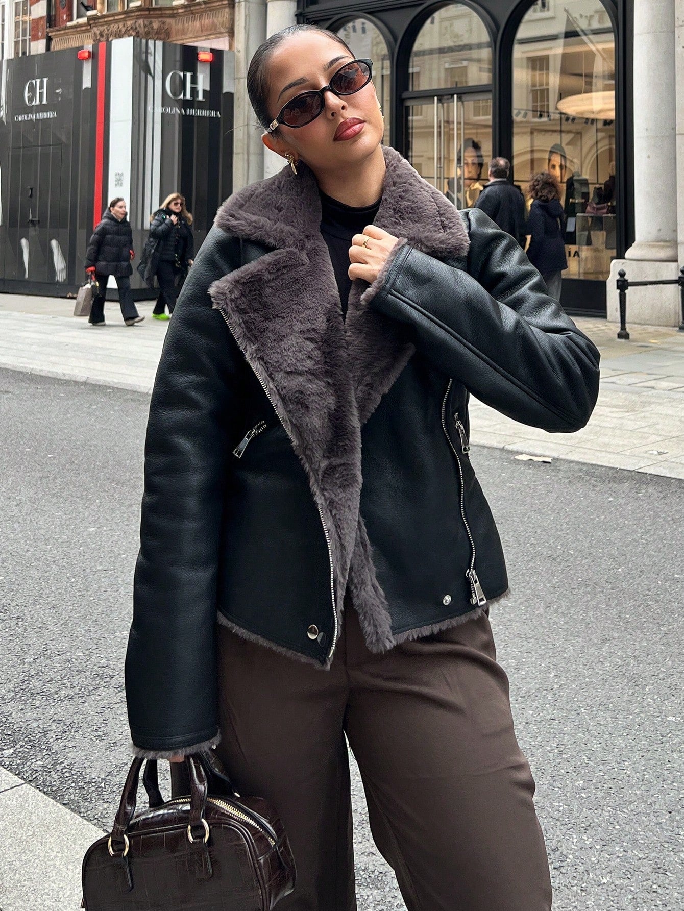 NegzBox Women's Black PU Leather Composite Faux Rabbit Fur Collar Jacket