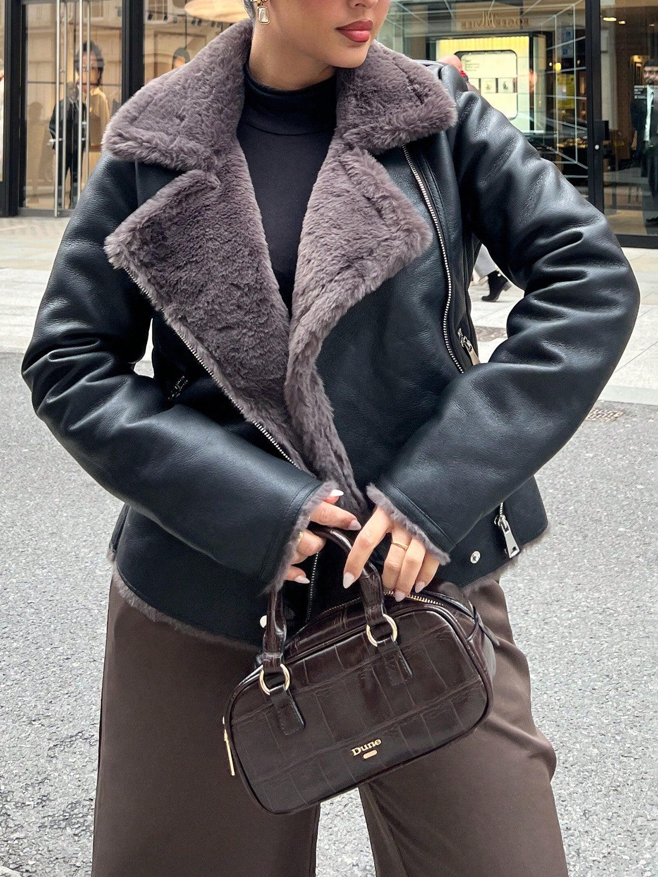 NegzBox Women's Black PU Leather Composite Faux Rabbit Fur Collar Jacket
