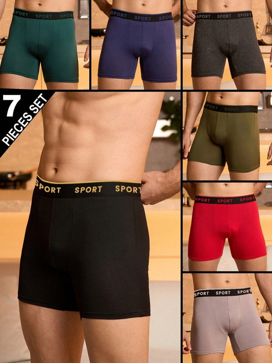 7pcs/Pack Men's Solid Color Patchwork Letter Print Simple Boxer Briefs