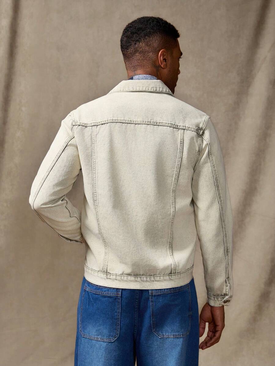 Manfinity Homme Men's Distressed Long Sleeve Denim Jacket, Dark Cotton Plain Black Party Grunge Rapper Going Out Vacation National Park Urban Gym, For Fall