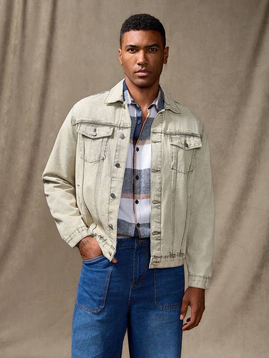 Manfinity Homme Men's Distressed Long Sleeve Denim Jacket, Dark Cotton Plain Black Party Grunge Rapper Going Out Vacation National Park Urban Gym, For Fall