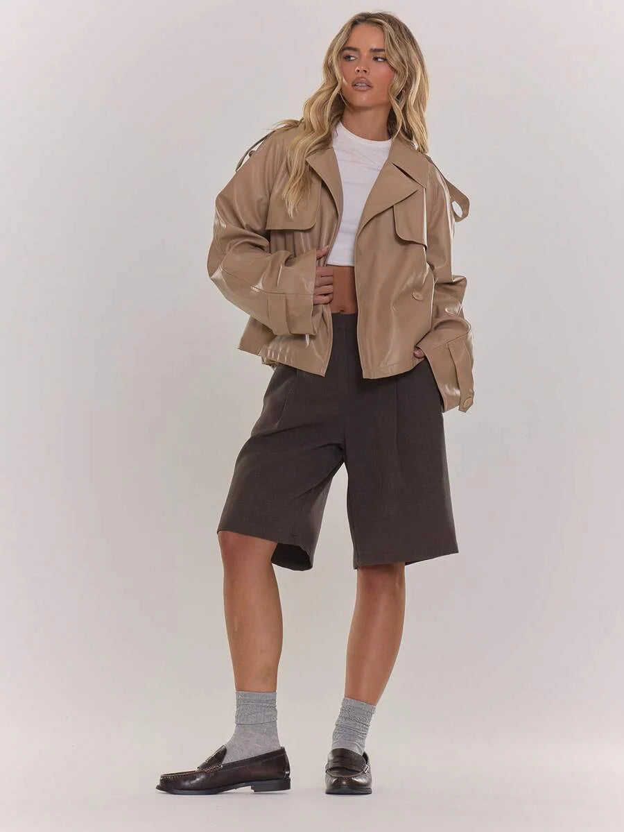 MUSERA PU Faux Leather Jacket Coat Tie Waist Cinched Pocket Detail Crop Trench Style Casual Everyday Winter Fall Autumn Outerwear Christmas