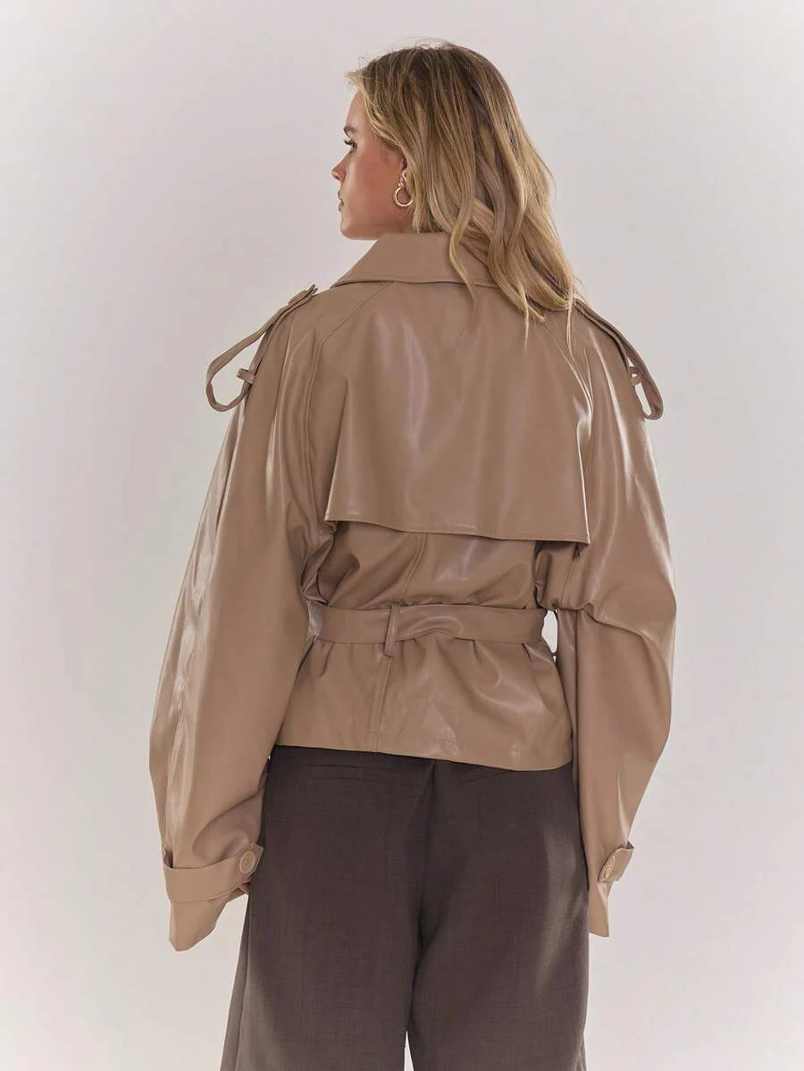 MUSERA PU Faux Leather Jacket Coat Tie Waist Cinched Pocket Detail Crop Trench Style Casual Everyday Winter Fall Autumn Outerwear Christmas