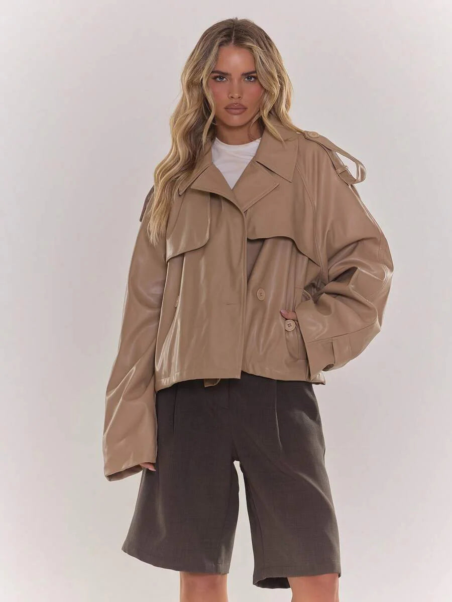 MUSERA PU Faux Leather Jacket Coat Tie Waist Cinched Pocket Detail Crop Trench Style Casual Everyday Winter Fall Autumn Outerwear Christmas