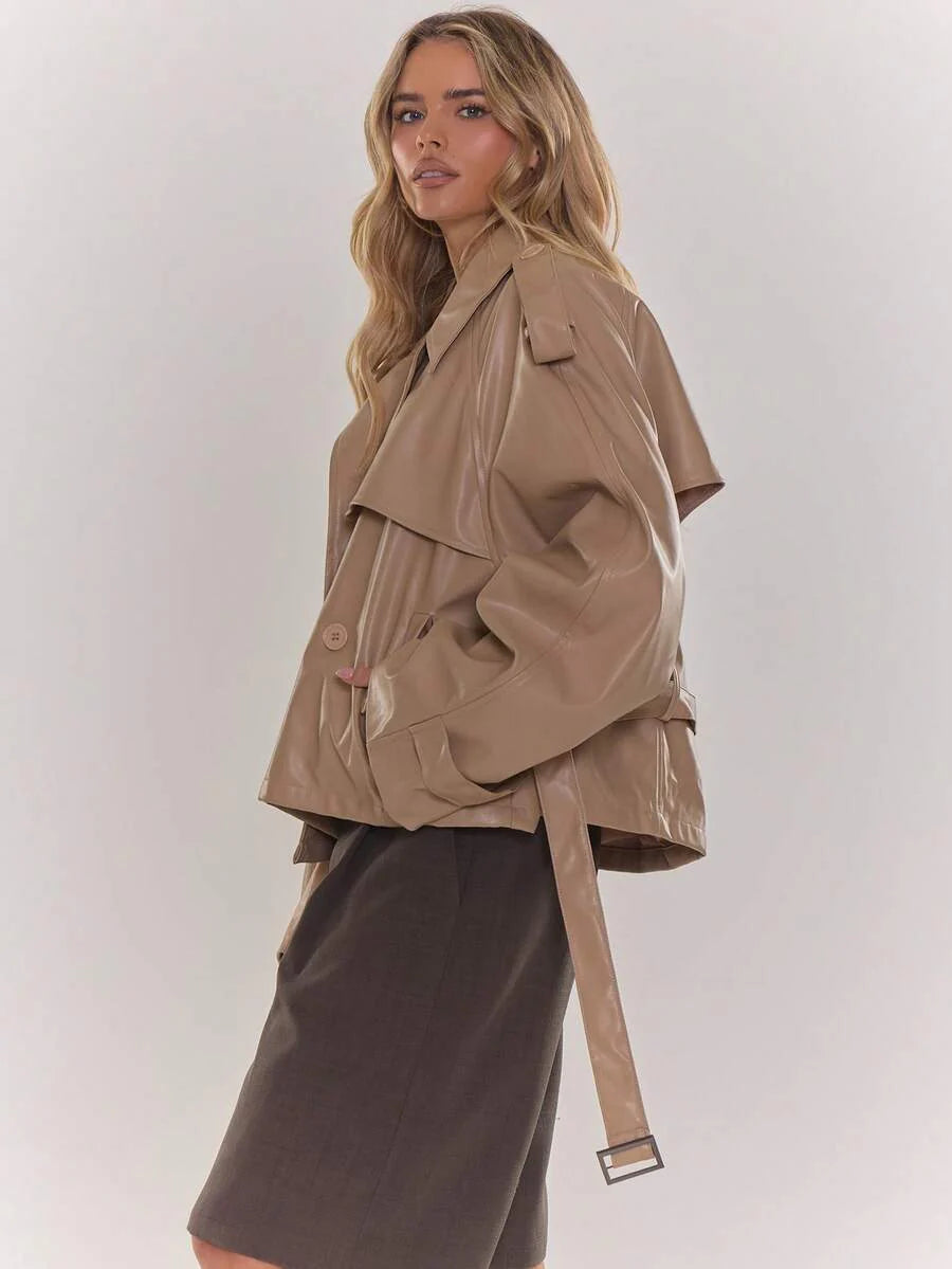 MUSERA PU Faux Leather Jacket Coat Tie Waist Cinched Pocket Detail Crop Trench Style Casual Everyday Winter Fall Autumn Outerwear Christmas