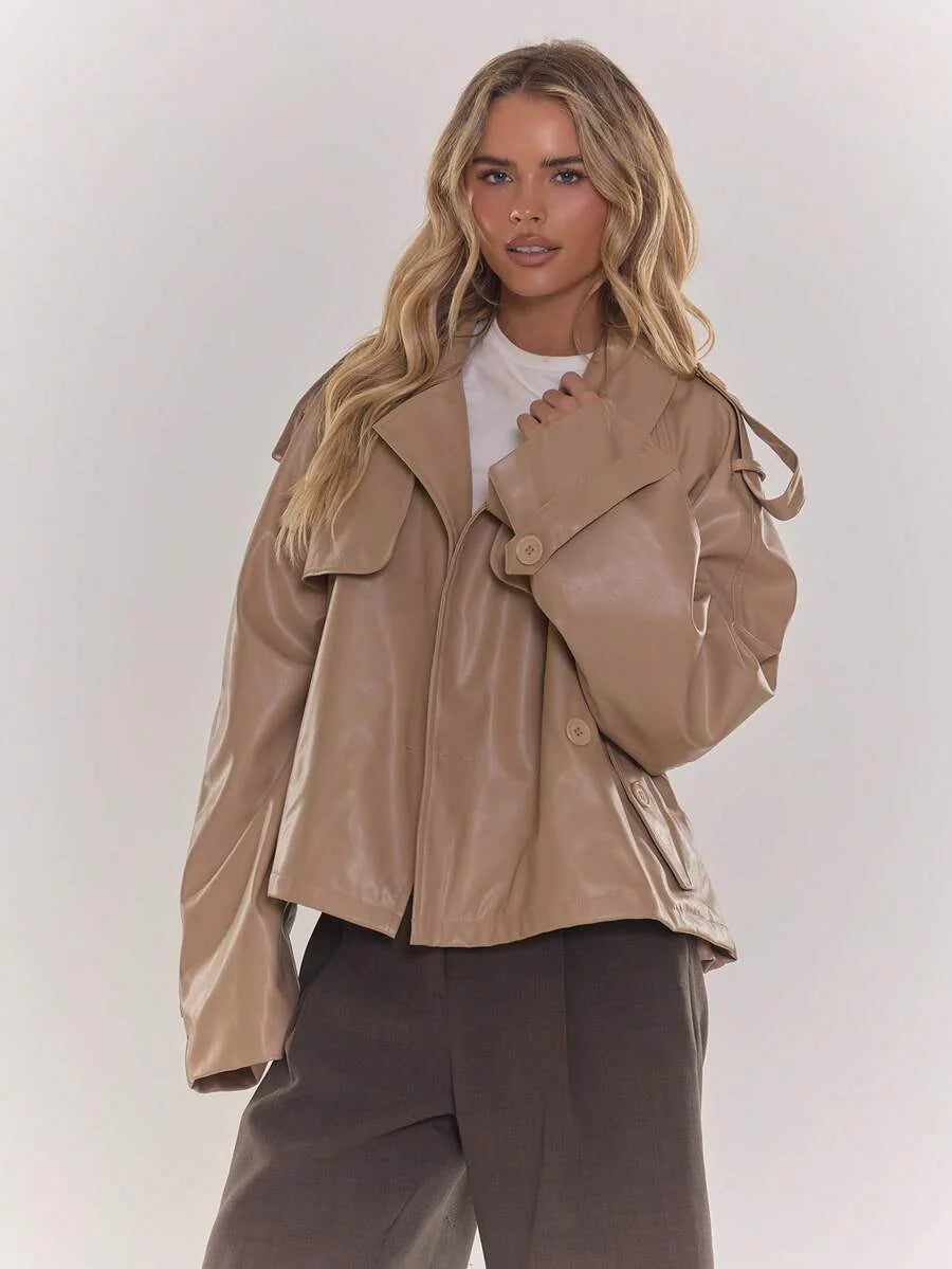 MUSERA PU Faux Leather Jacket Coat Tie Waist Cinched Pocket Detail Crop Trench Style Casual Everyday Winter Fall Autumn Outerwear Christmas