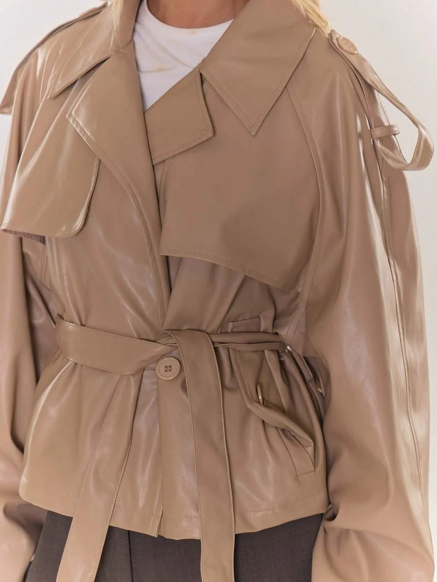 MUSERA PU Faux Leather Jacket Coat Tie Waist Cinched Pocket Detail Crop Trench Style Casual Everyday Winter Fall Autumn Outerwear Christmas
