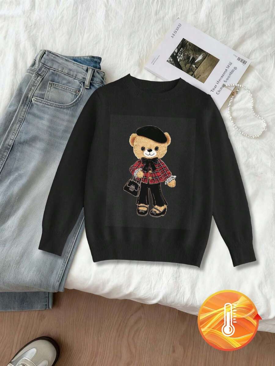 1pc Girls Casual Vintage Leopard Print Bow Graphic Long Sleeve Sweater, Suitable For Autumn/Winter Everyday Indoor