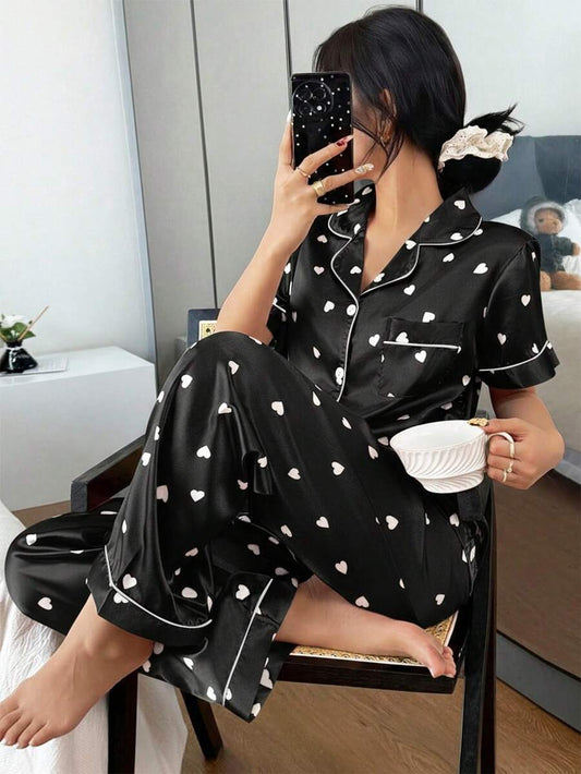 Dream Adore Pink Pajamas 1 Set Heart Print Lapel Faux Silk Comfortable Short Sleeve Pajama Set Satin Pajamas Set Women Silk Pajamas Heart Print Pajama Set Silk Pajama Set Women Pink Heart Pajama Set Cozy And Elegant Details