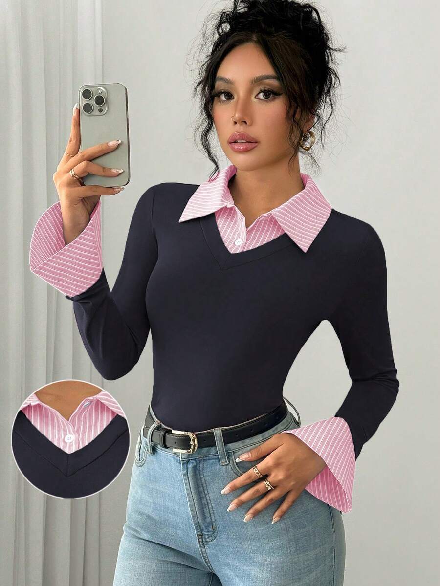 Selianne Elegant Commuter Striped Collared Flared Long Sleeve Knitted T-Shirt For Women