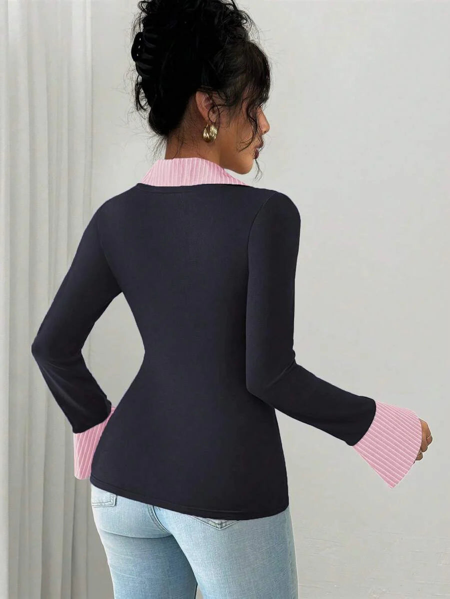 Selianne Elegant Commuter Striped Collared Flared Long Sleeve Knitted T-Shirt For Women
