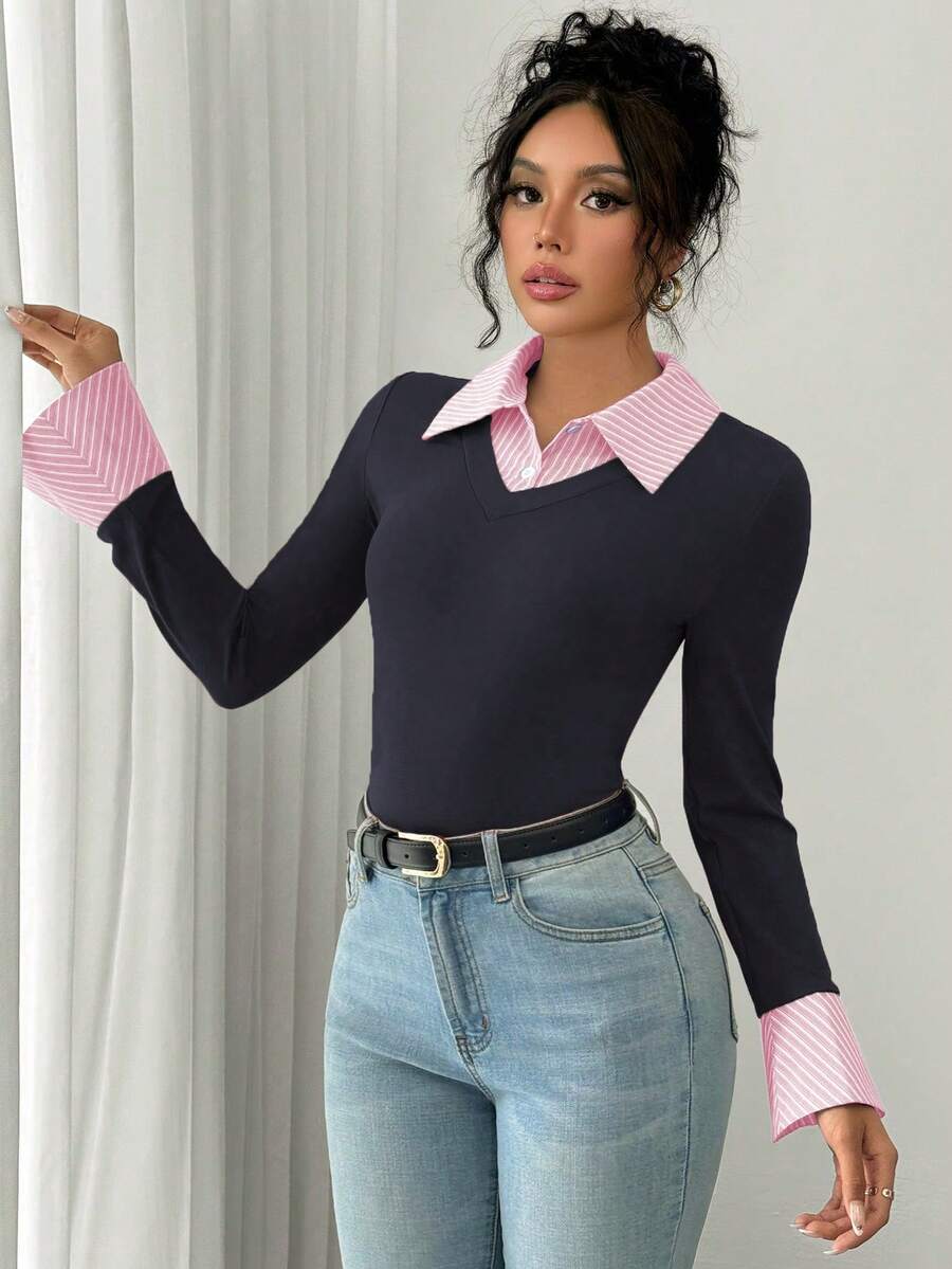 Selianne Elegant Commuter Striped Collared Flared Long Sleeve Knitted T-Shirt For Women