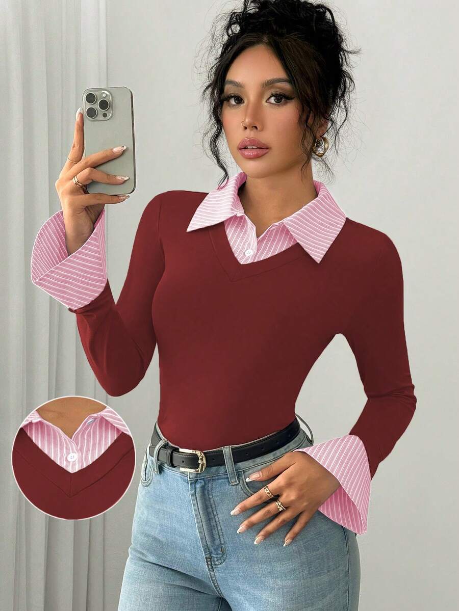 Selianne Elegant Commuter Striped Collared Flared Long Sleeve Knitted T-Shirt For Women