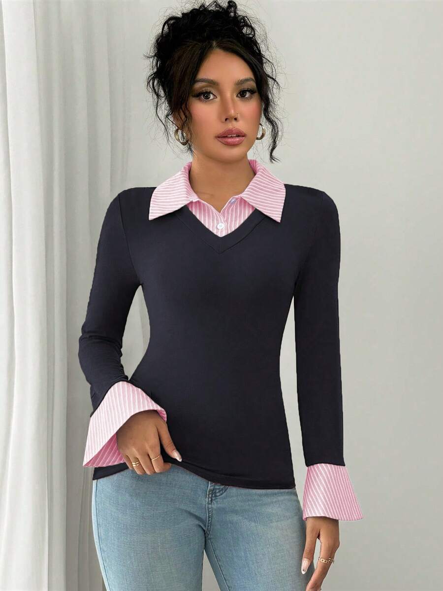 Selianne Elegant Commuter Striped Collared Flared Long Sleeve Knitted T-Shirt For Women