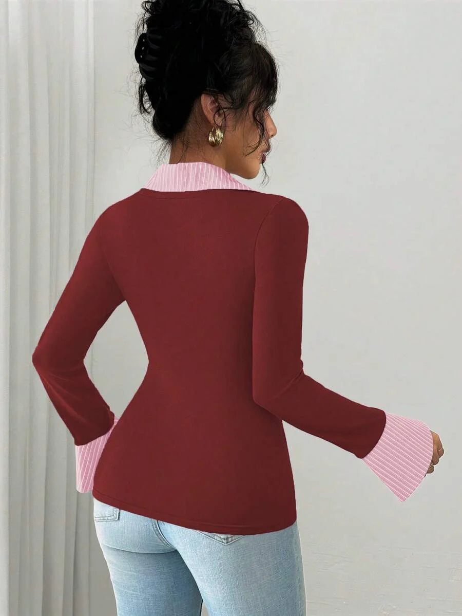 Selianne Elegant Commuter Striped Collared Flared Long Sleeve Knitted T-Shirt For Women