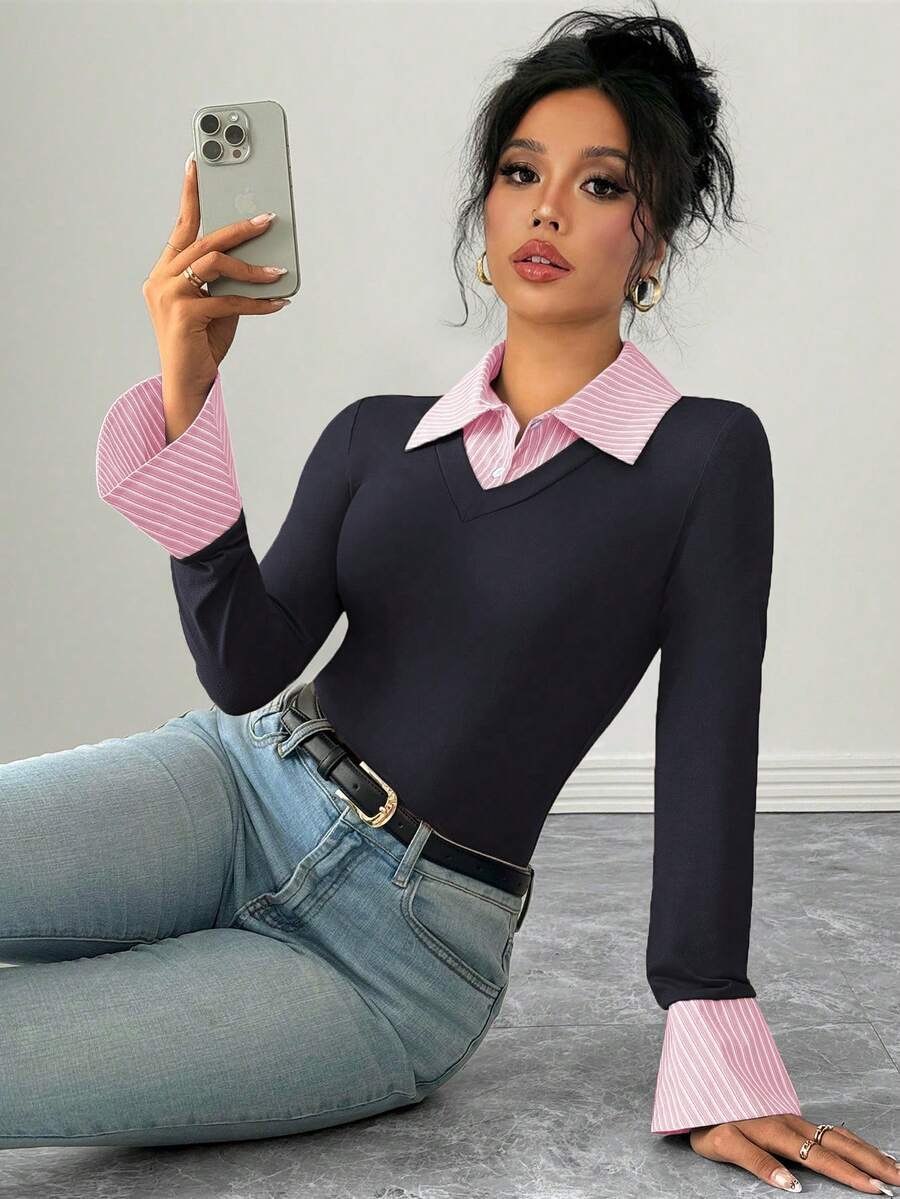 Selianne Elegant Commuter Striped Collared Flared Long Sleeve Knitted T-Shirt For Women
