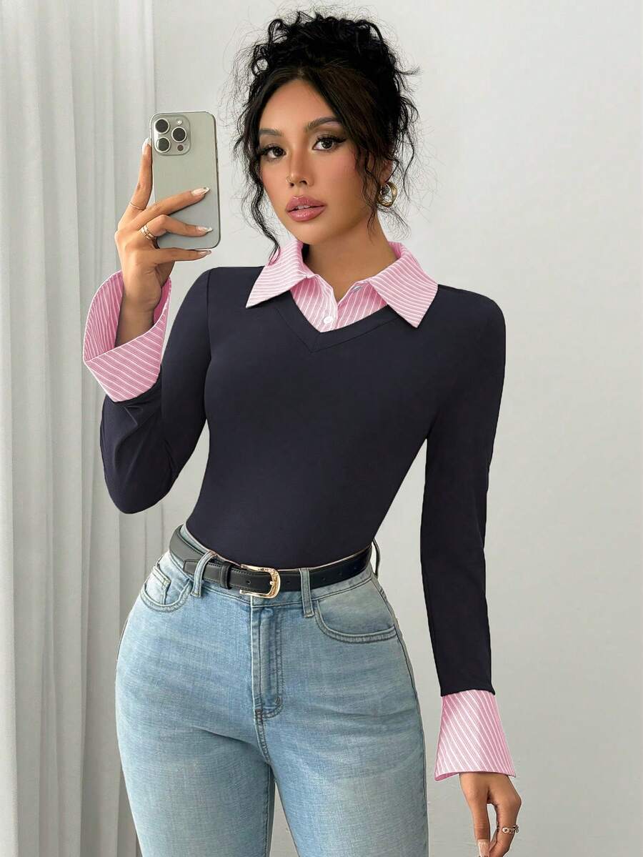 Selianne Elegant Commuter Striped Collared Flared Long Sleeve Knitted T-Shirt For Women