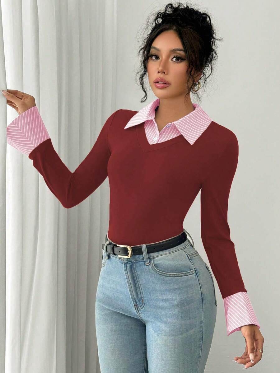 Selianne Elegant Commuter Striped Collared Flared Long Sleeve Knitted T-Shirt For Women