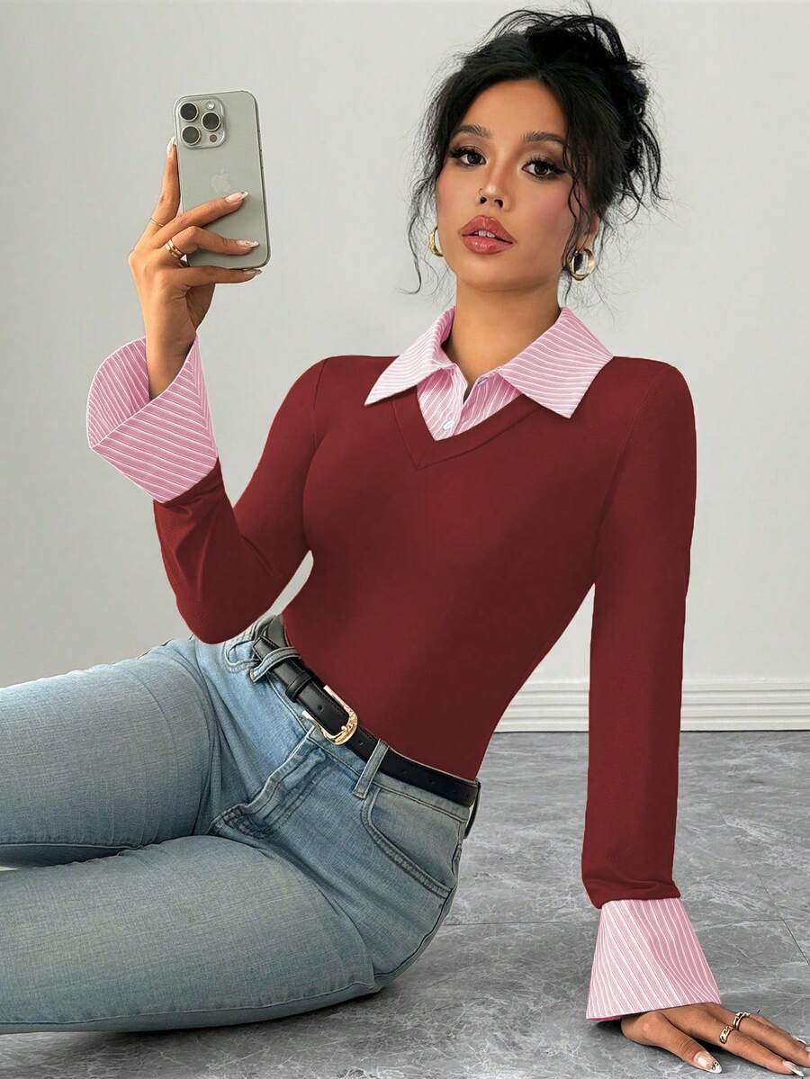 Selianne Elegant Commuter Striped Collared Flared Long Sleeve Knitted T-Shirt For Women