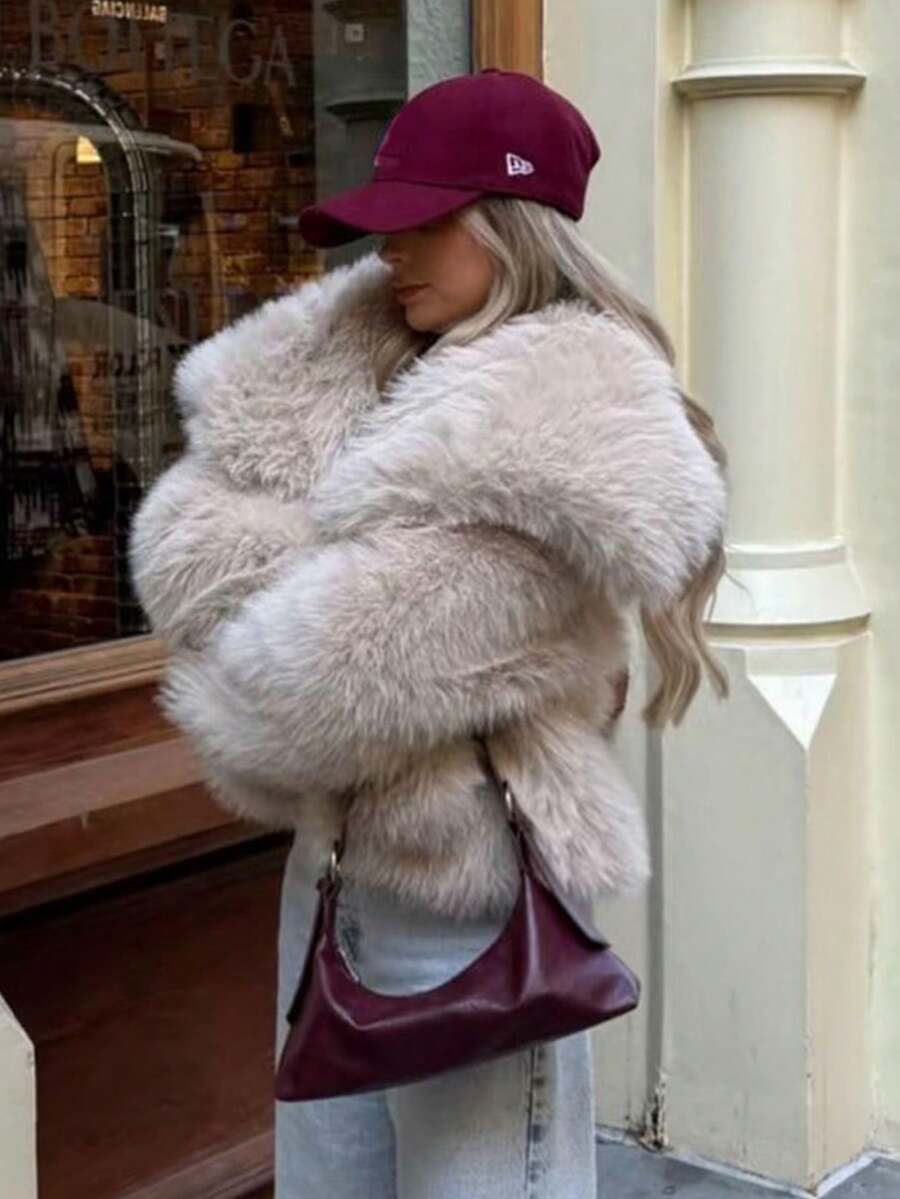 HH Faux Fur Jacket For Women Elegant Solid Lapel Long Sleeve Coat Casual Loose Female Winter Oversize Lady Chic Streetwear Jakcets