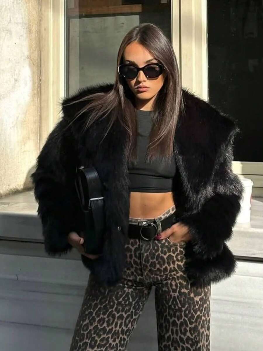 HH Faux Fur Jacket For Women Elegant Solid Lapel Long Sleeve Coat Casual Loose Female Winter Oversize Lady Chic Streetwear Jakcets