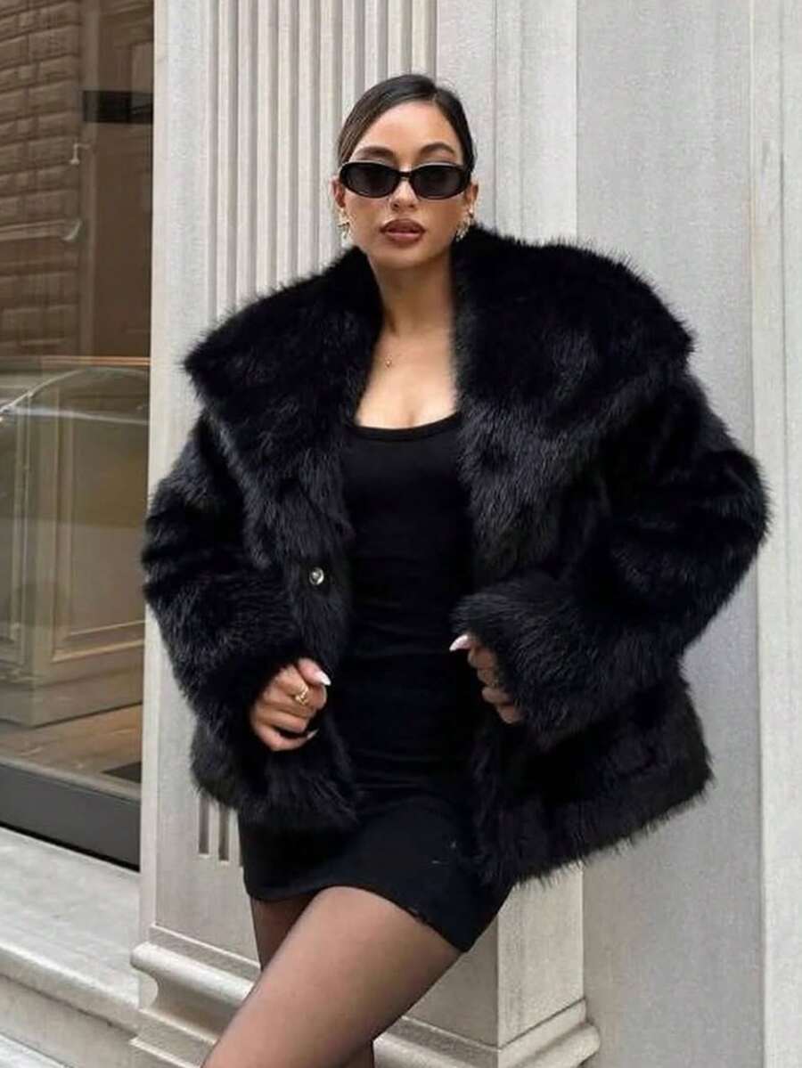 HH Faux Fur Jacket For Women Elegant Solid Lapel Long Sleeve Coat Casual Loose Female Winter Oversize Lady Chic Streetwear Jakcets