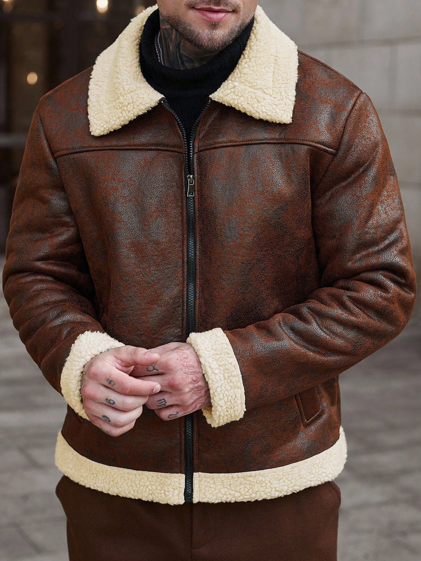 Manfinity CasualCool 2025 Men's Autumn And Winter Outdoor Jacket, Contrast Color Collar Zip-Up Long Sleeve Jacket
