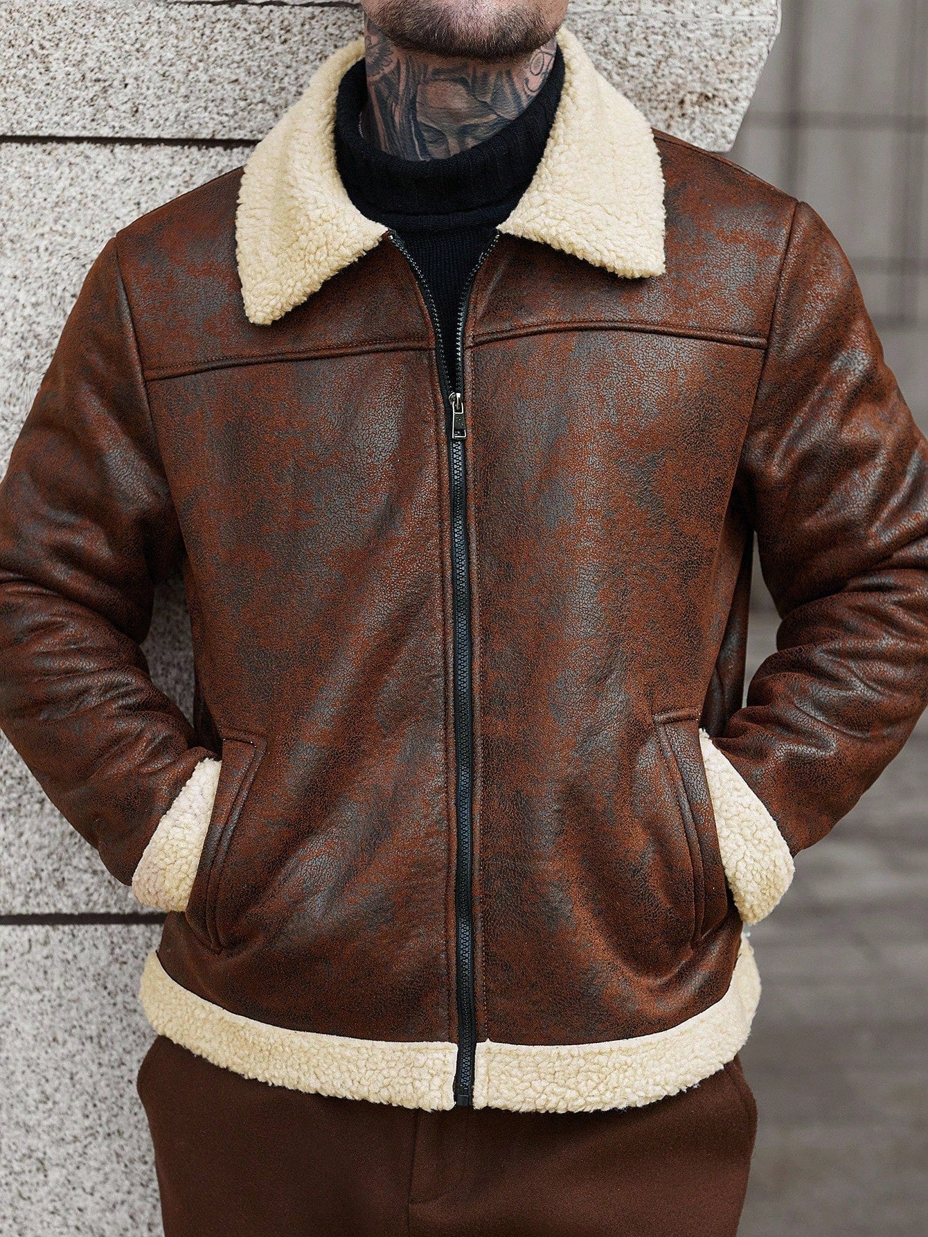 Manfinity CasualCool 2025 Men's Autumn And Winter Outdoor Jacket, Contrast Color Collar Zip-Up Long Sleeve Jacket