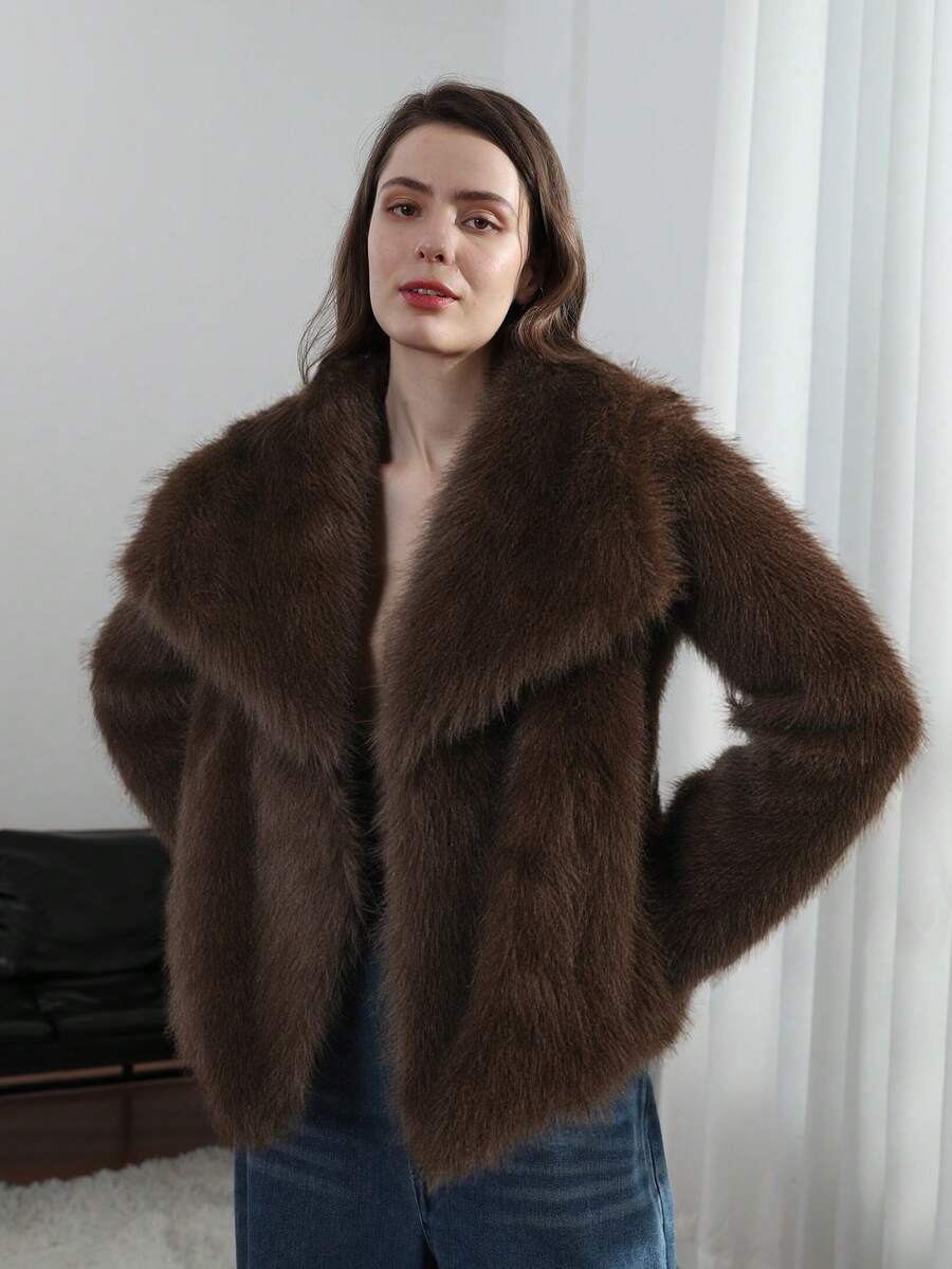 HH Faux Fur Jacket For Women Elegant Solid Lapel Long Sleeve Coat Casual Loose Female Winter Oversize Lady Chic Streetwear Jakcets
