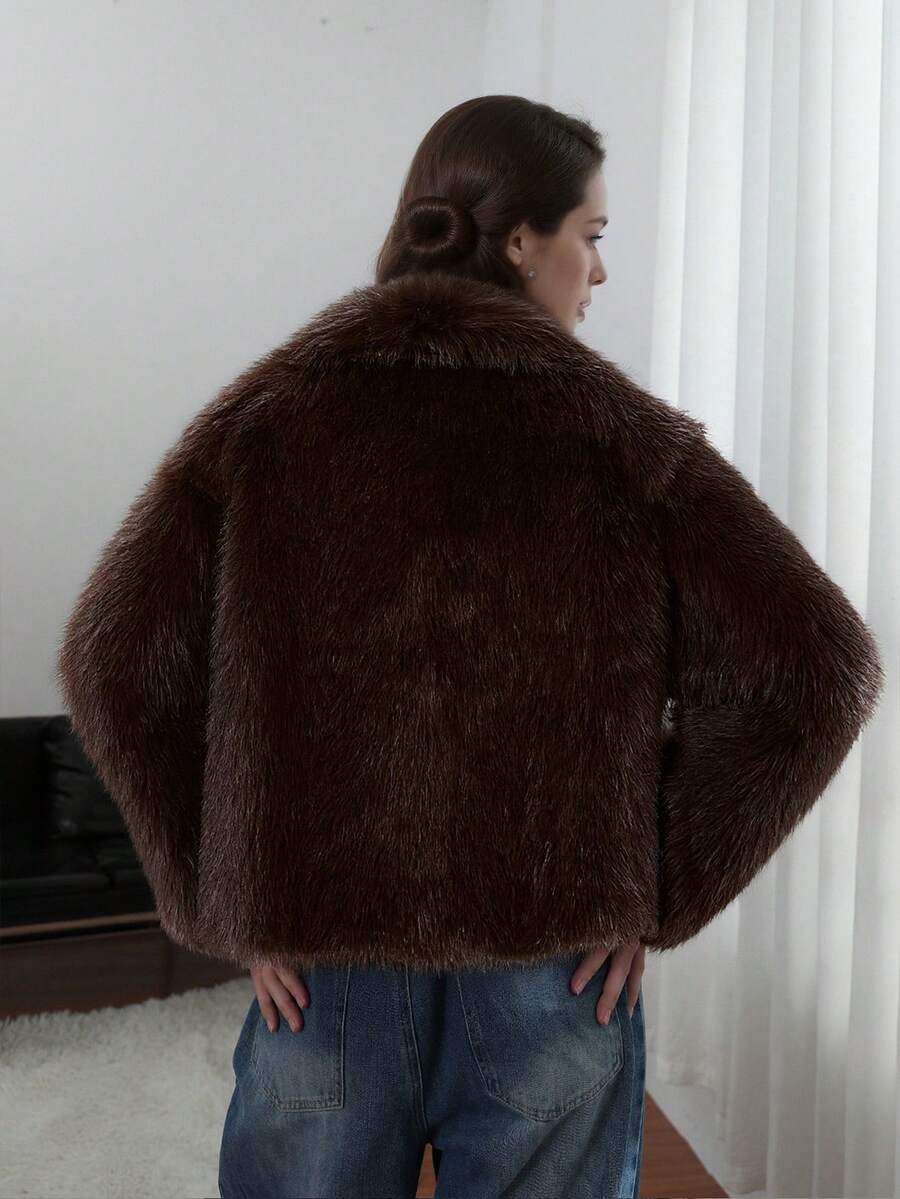 HH Faux Fur Jacket For Women Elegant Solid Lapel Long Sleeve Coat Casual Loose Female Winter Oversize Lady Chic Streetwear Jakcets