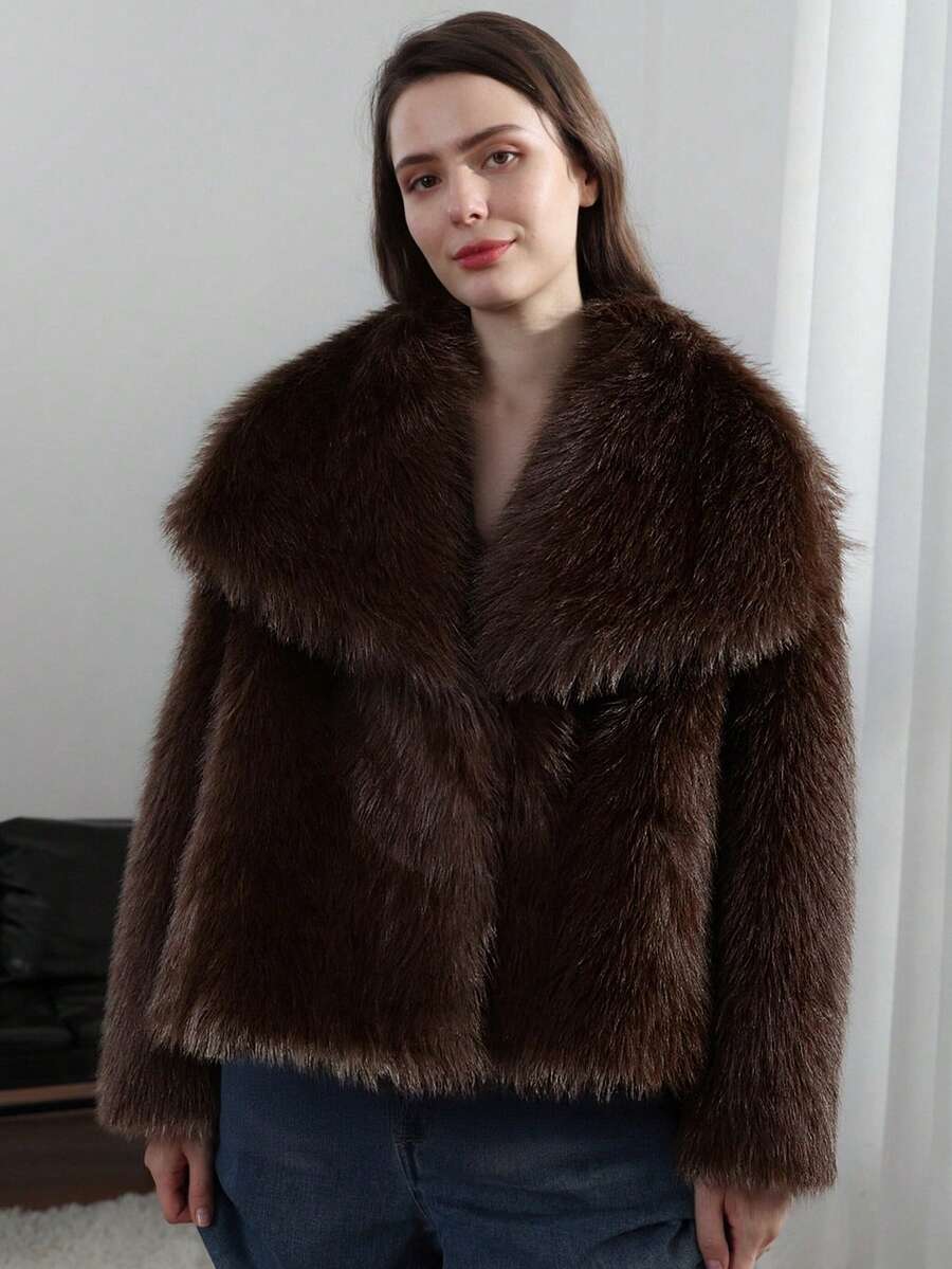 HH Faux Fur Jacket For Women Elegant Solid Lapel Long Sleeve Coat Casual Loose Female Winter Oversize Lady Chic Streetwear Jakcets