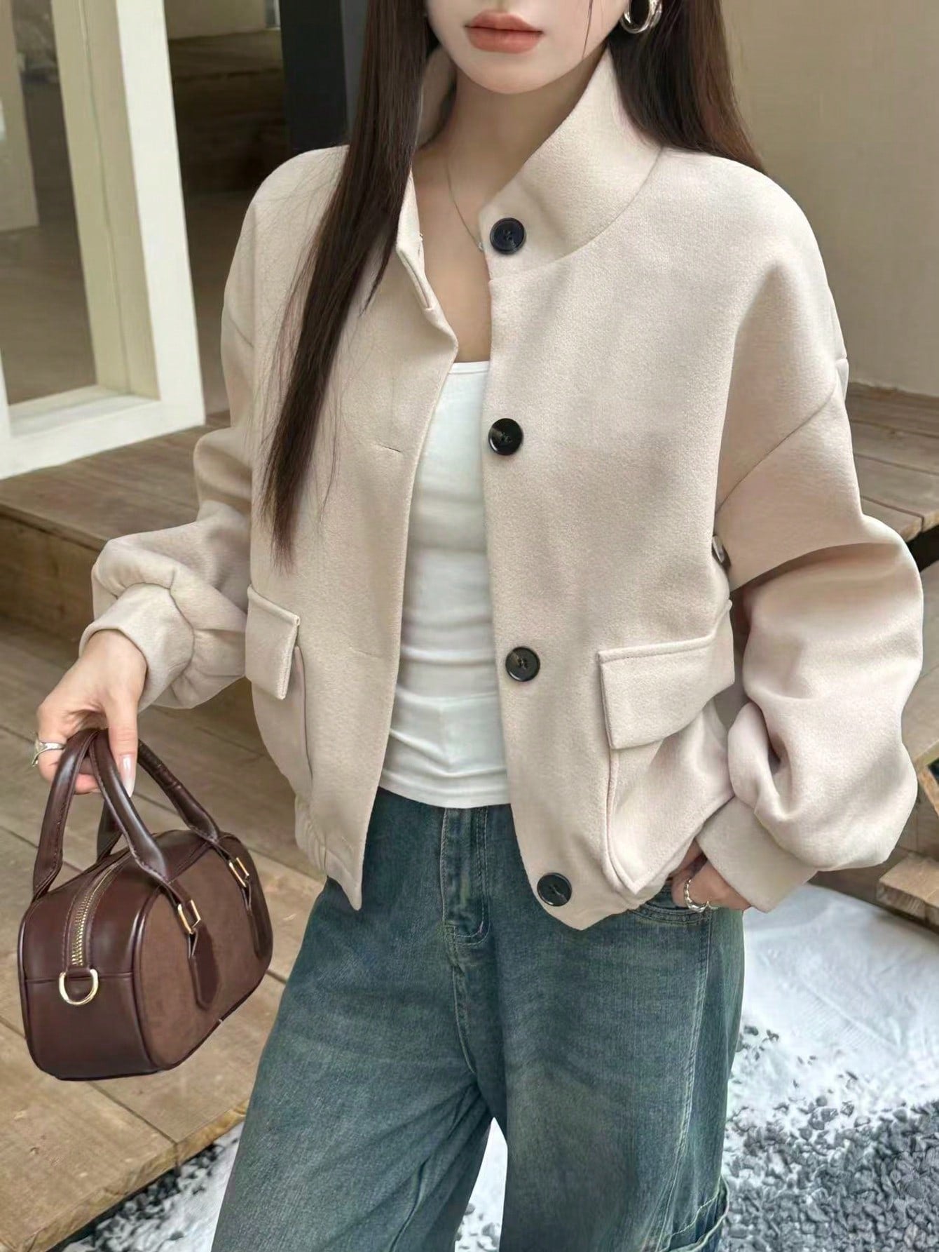 Women's Casual Apricot Stand Collar Jacket