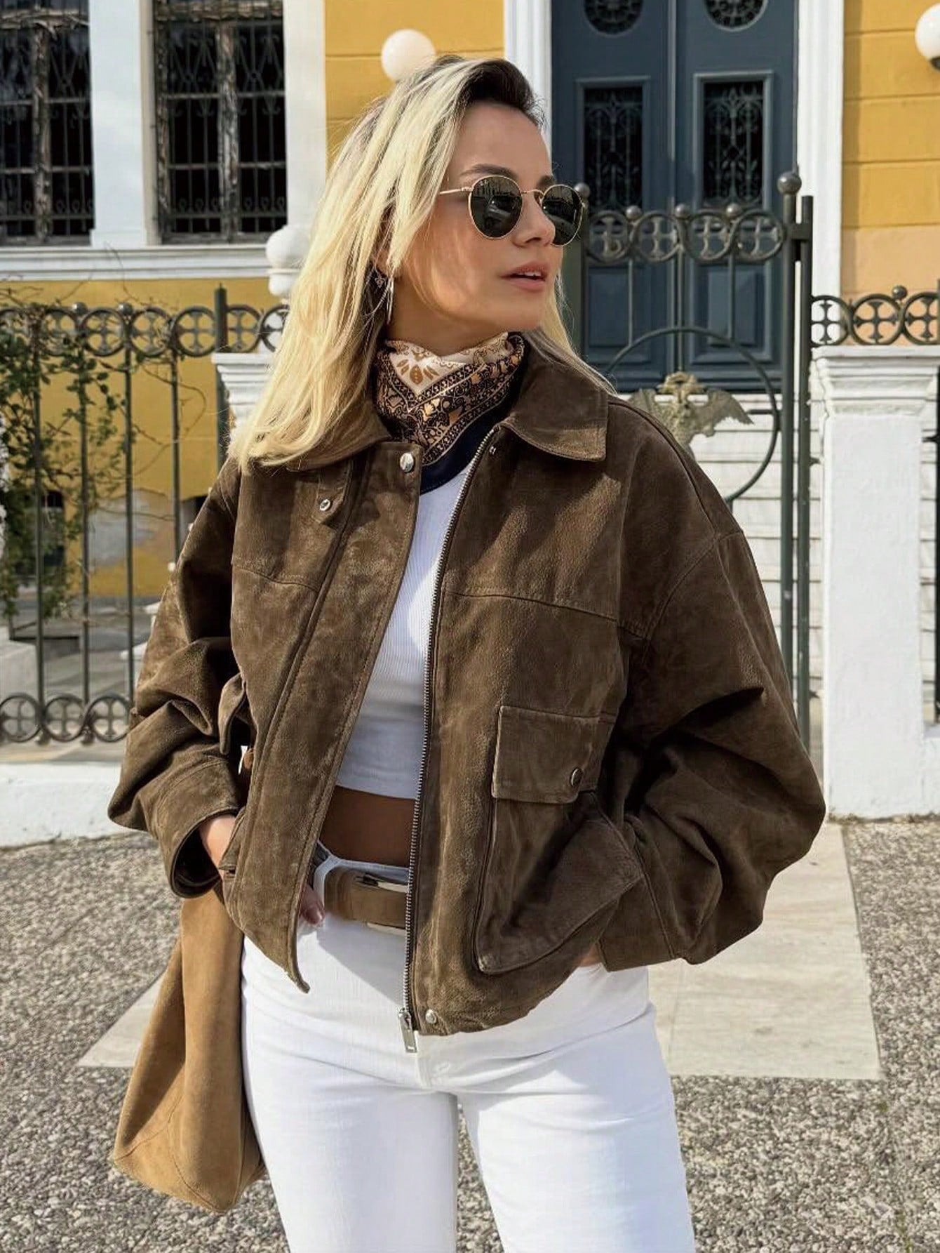 SHIBASHAN Fall Winter Women Vintage High Quality Faux Leather Lapel Bomber Jacket With Pocket Zipper Long Sleeve Outerwear