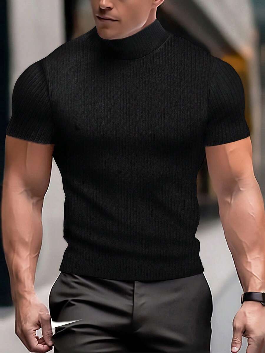 Manfinity Homme Men's Solid Color Ribbed Short Sleeve T-Shirt, Fall