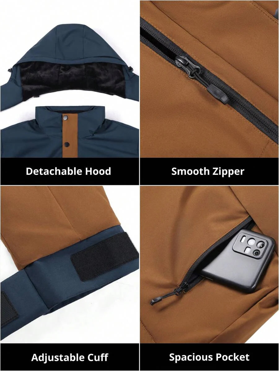 CAMEL CROWN Men's Winter Ski Jacket Mountain Snow Coats Waterproof Detachable Hood Windproof Fleece Rain Jackets