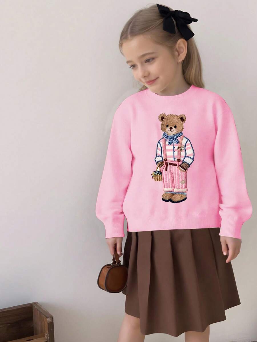 1pc Girls Casual Vintage Leopard Print Bow Graphic Long Sleeve Sweater, Suitable For Autumn/Winter Everyday Indoor