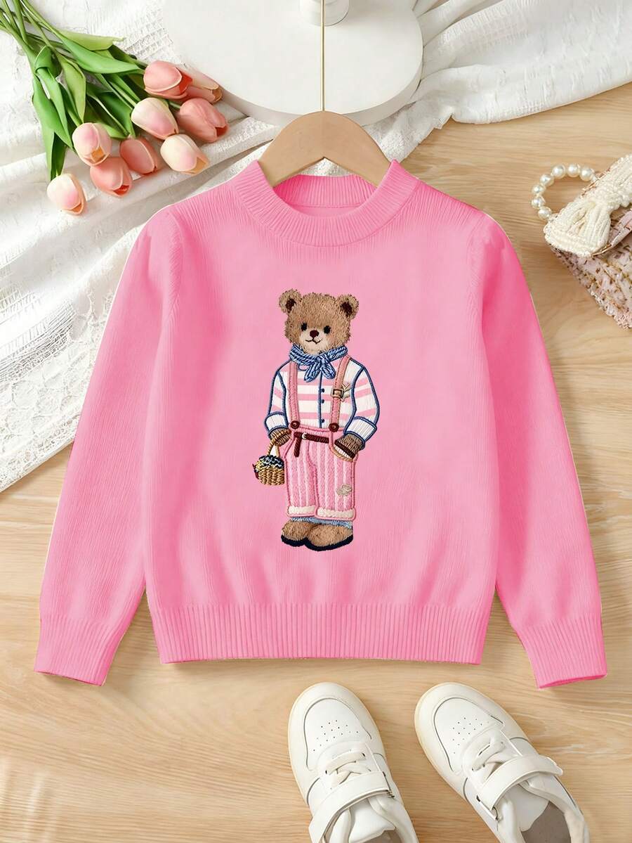 1pc Girls Casual Vintage Leopard Print Bow Graphic Long Sleeve Sweater, Suitable For Autumn/Winter Everyday Indoor
