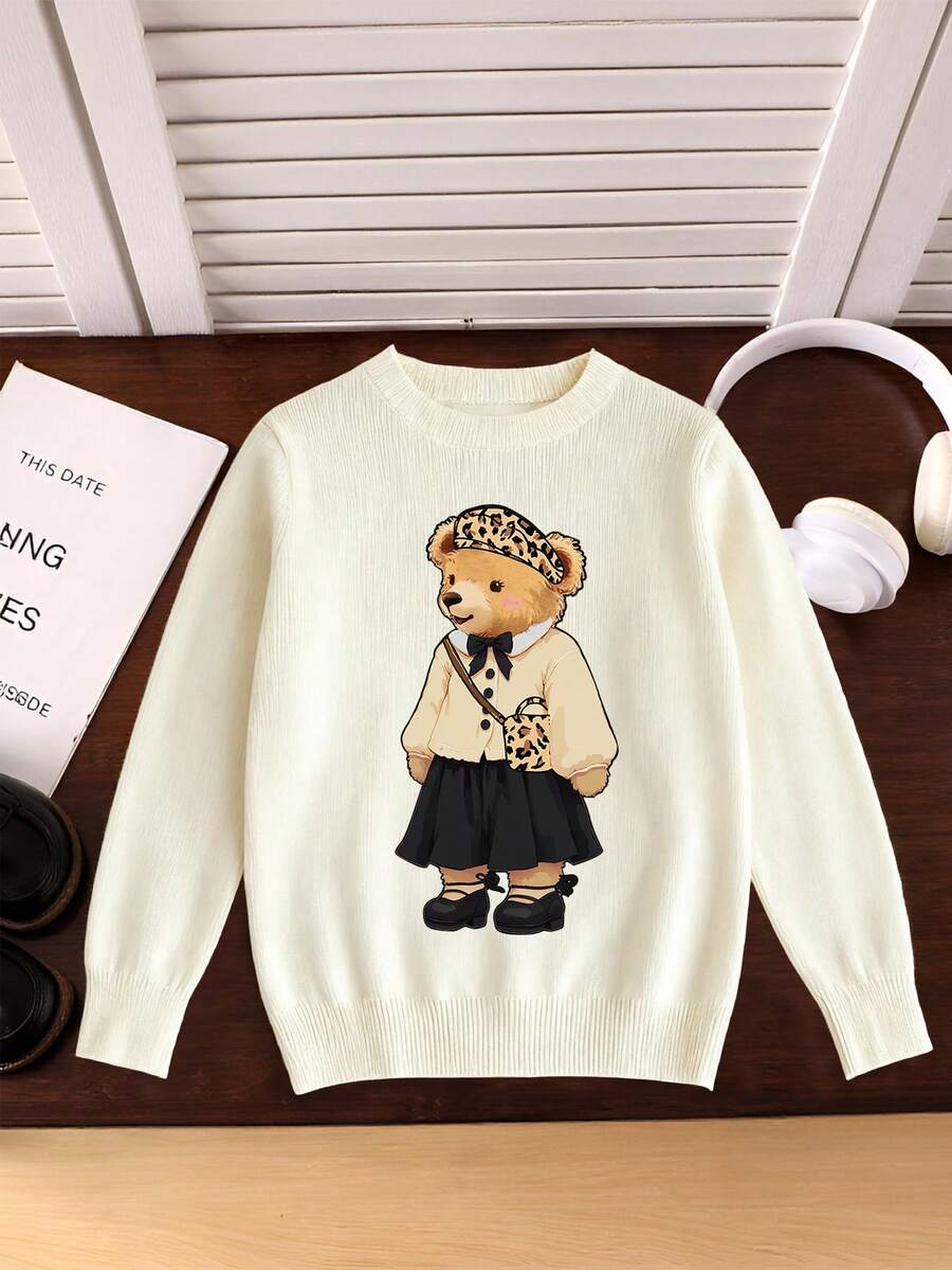 1pc Girls Casual Vintage Leopard Print Bow Graphic Long Sleeve Sweater, Suitable For Autumn/Winter Everyday Indoor