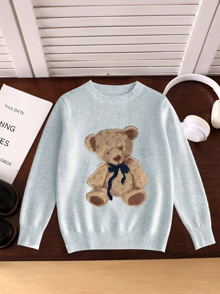 1pc Girls Casual Vintage Leopard Print Bow Graphic Long Sleeve Sweater, Suitable For Autumn/Winter Everyday Indoor