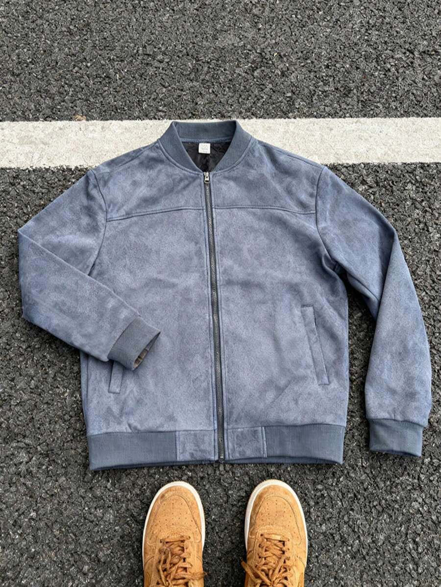 Men's Spring/Autumn Suede Fleece Lightweight Jacket, Comfortable Soft Casual Outerwear, Retro Stand Collar Zipper Baseball Jacket, Loose Minimalist Versatile Short Top [Runs Large, Suggest Ordering One Size Down]