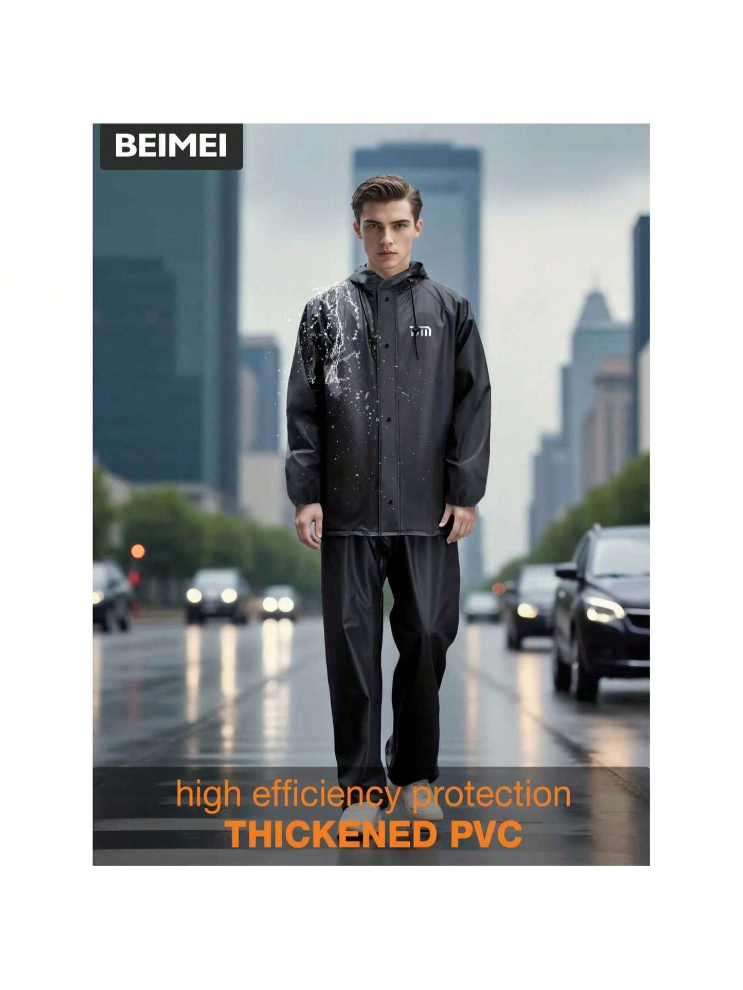 Men's Rainsuit, Detachable Heavy-Duty Adult Motorcycle Rain Jacket And Pants Set, Black, Suitable For Cycling, Outdoor Work, Hiking