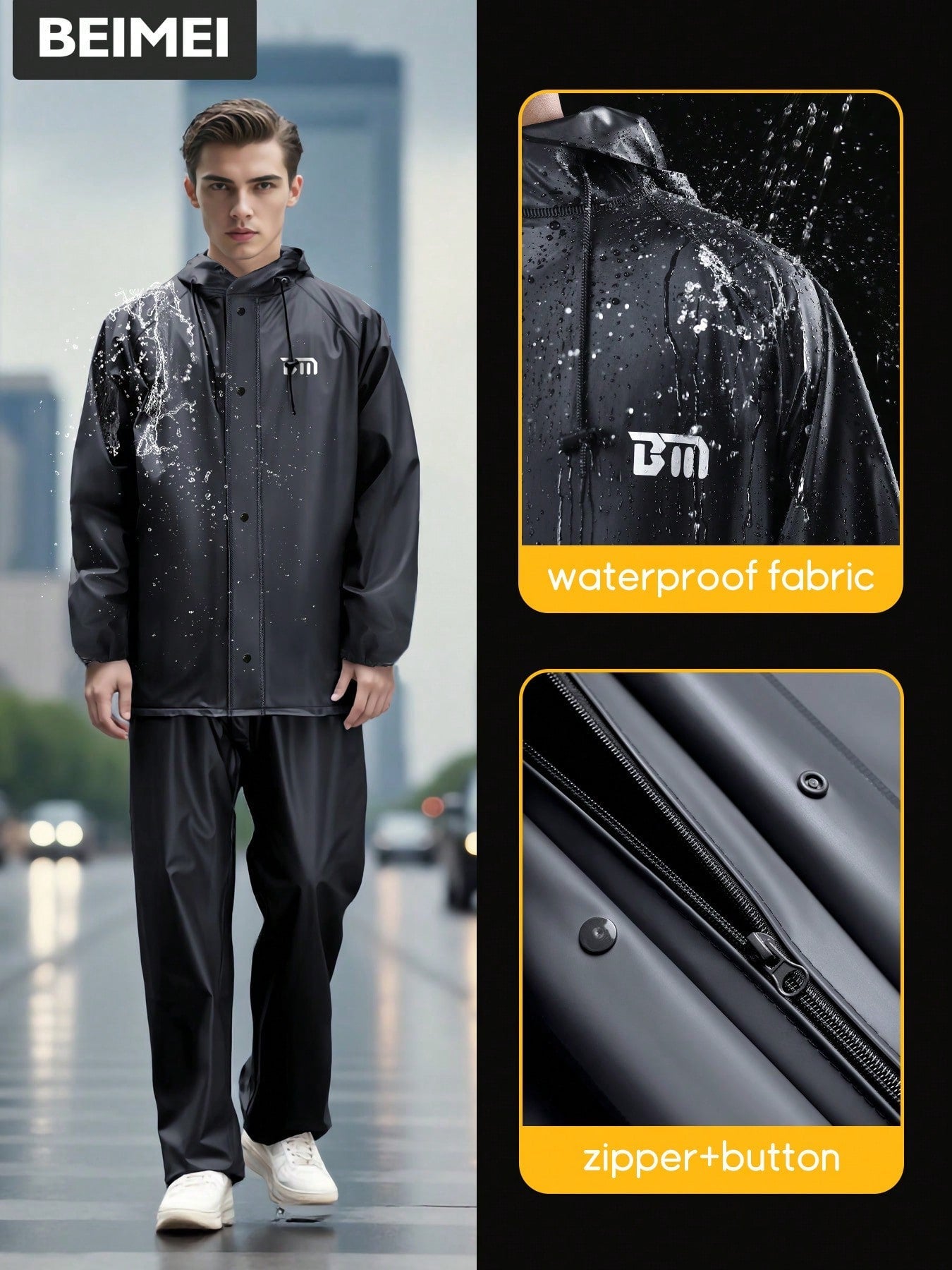 Men's Rainsuit, Detachable Heavy-Duty Adult Motorcycle Rain Jacket And Pants Set, Black, Suitable For Cycling, Outdoor Work, Hiking