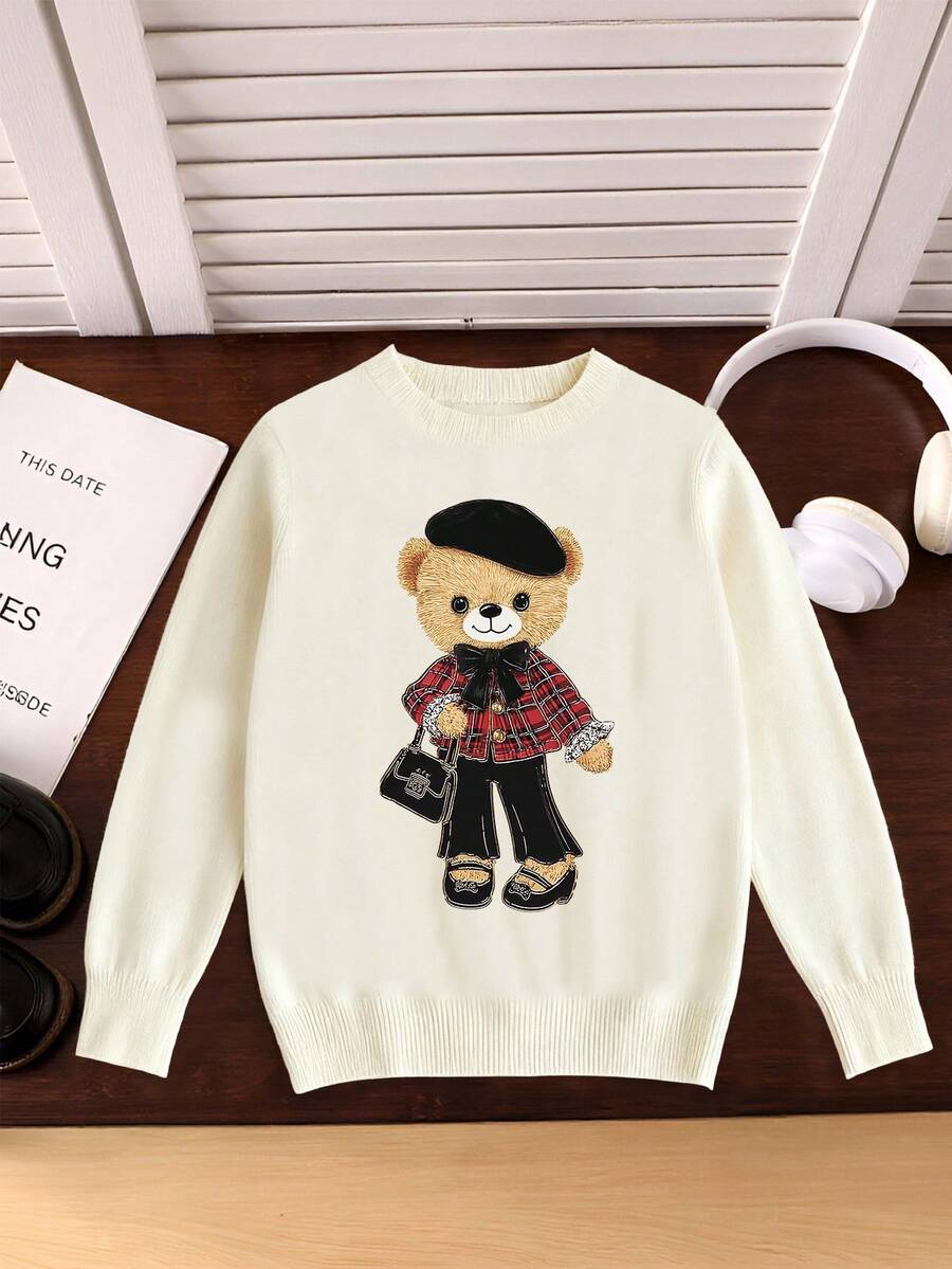1pc Girls Casual Vintage Leopard Print Bow Graphic Long Sleeve Sweater, Suitable For Autumn/Winter Everyday Indoor