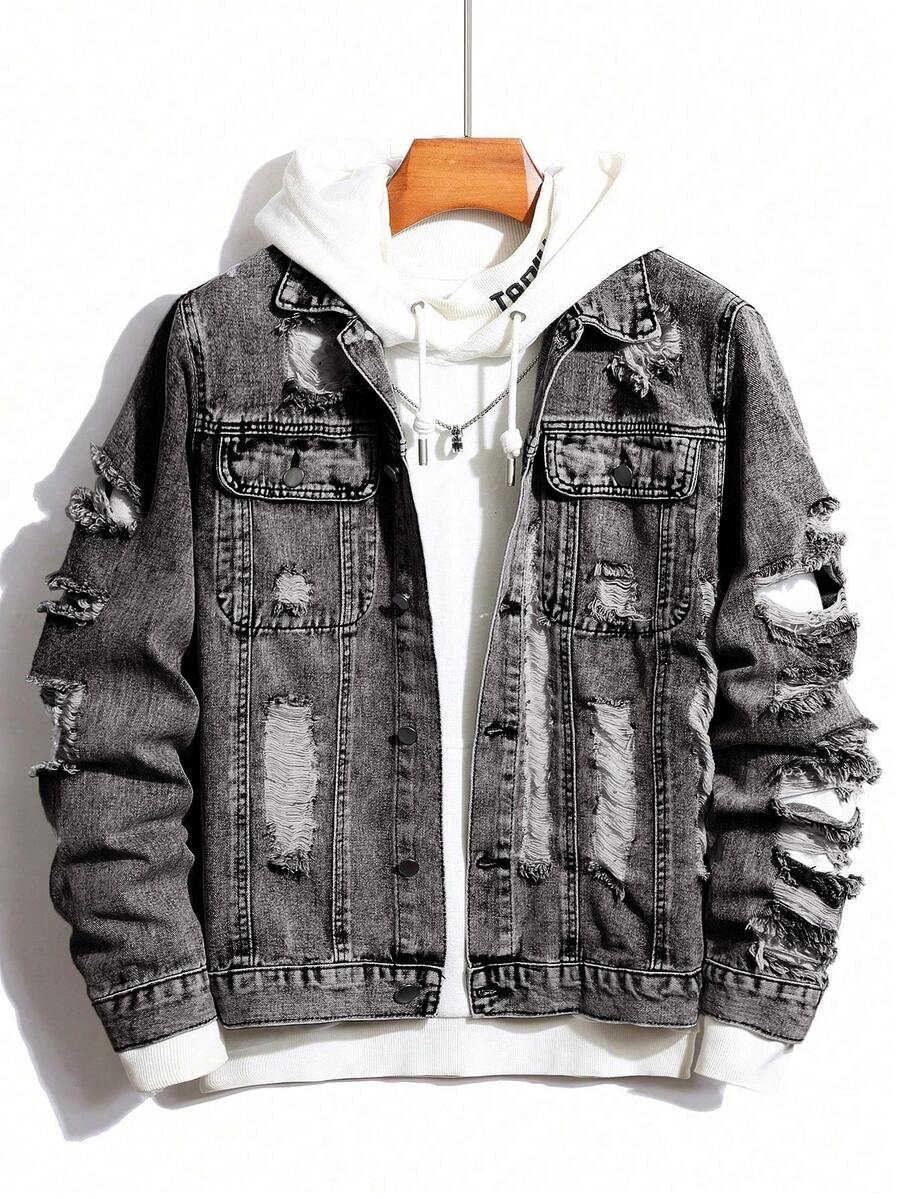 Manfinity Homme Men Casual Long Sleeve Distressed Single-Breasted Denim Jacket, Fall